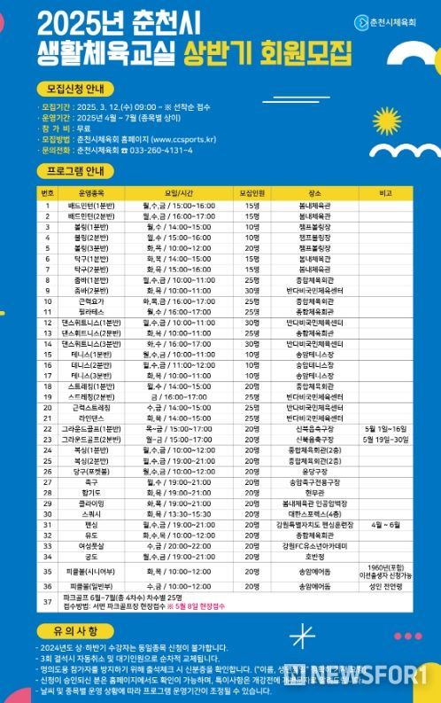 춘천시, 시니어 피클볼반 개설…선착순 모집